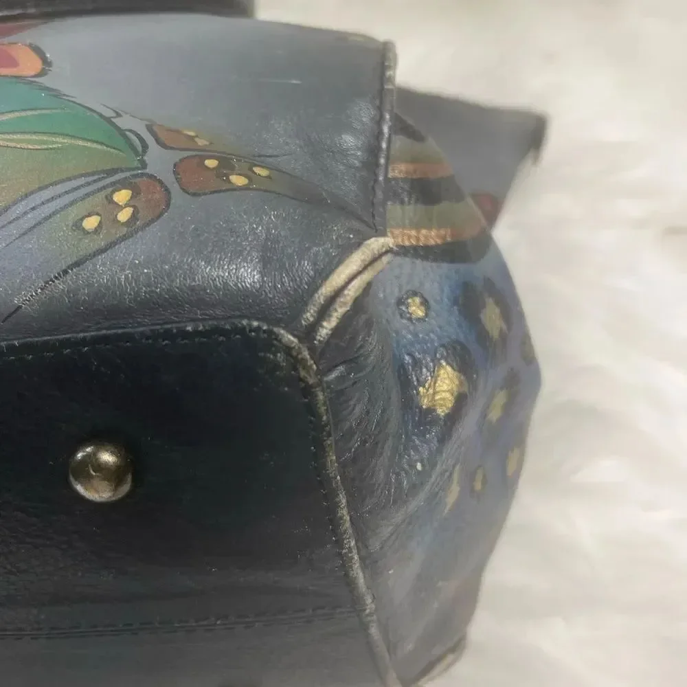 Hand-Painted Floral Leather Tote Bag - Gray